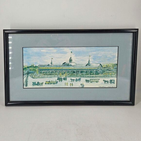 Vintage framed lithograph of Steam Train Railway Station depot Derby building - Picture 1 of 4